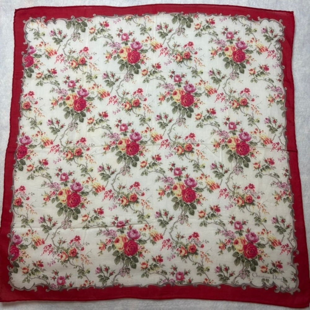 Vtg CHRISTIAN DIOR Scarf Handkerchief Floral Rose Cotton Red White 18x18